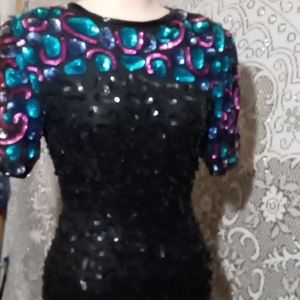 Lawrence Kazar  100 percent pure Silk Sequined party "black tie event" dress.  S